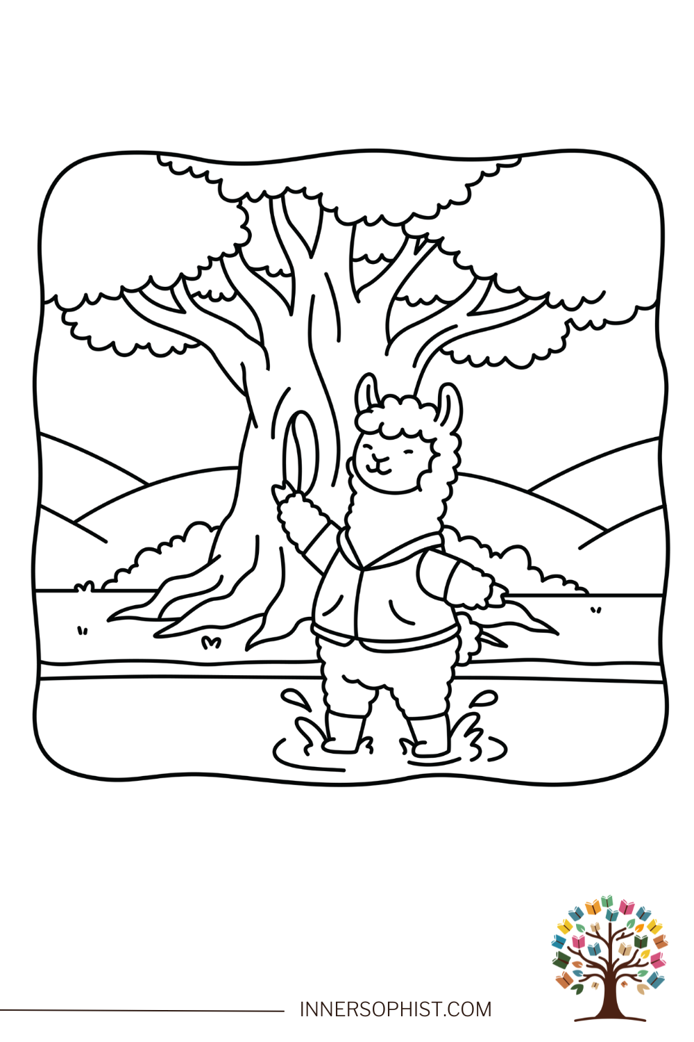 A cute cartoon llama wearing a vest, splashing in a puddle next to a tree, holding a stick, free printable coloring page for