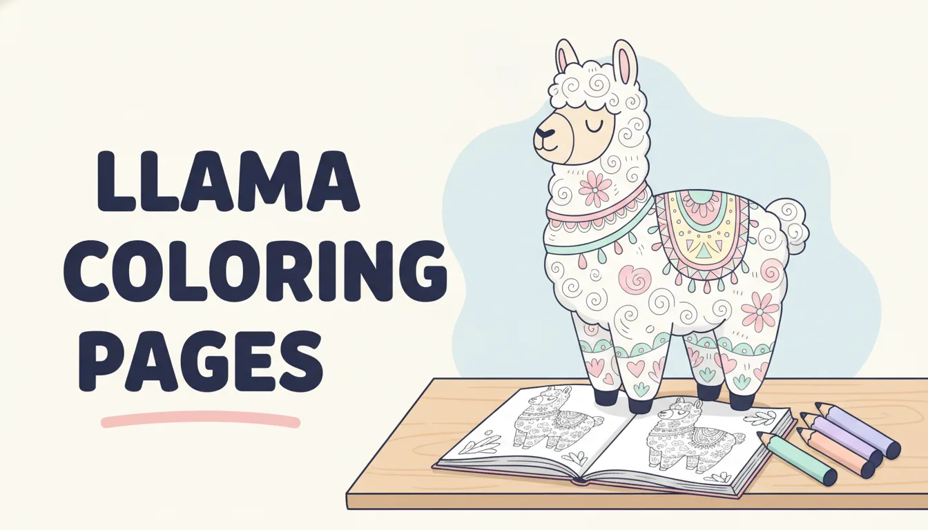 Free llama coloring pages for kids - cute cartoon llama with patterned Andean blanket, fiesta llama with flowers, and llama with cactus printable collection