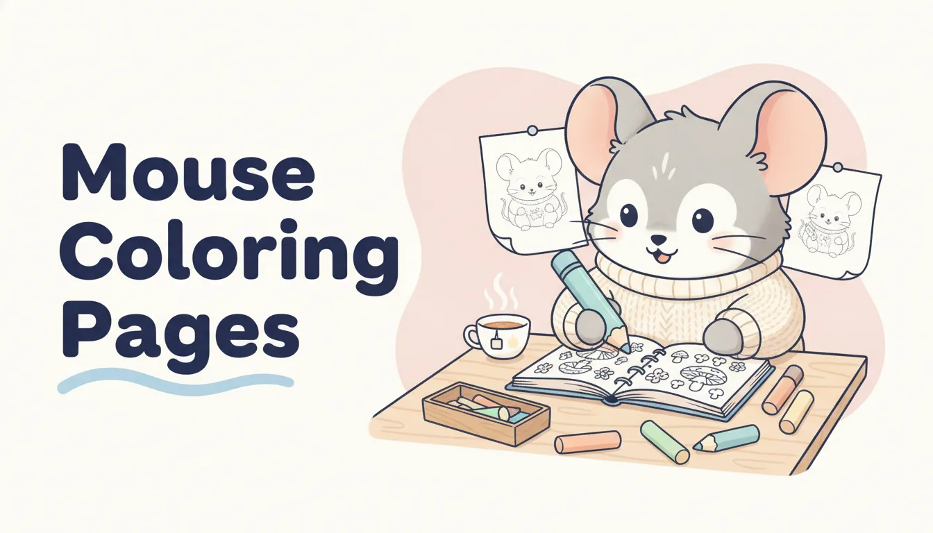 Free mouse coloring pages for kids and adults - cute cartoon mouse with cheese, kawaii mouse, and field mouse printable collection