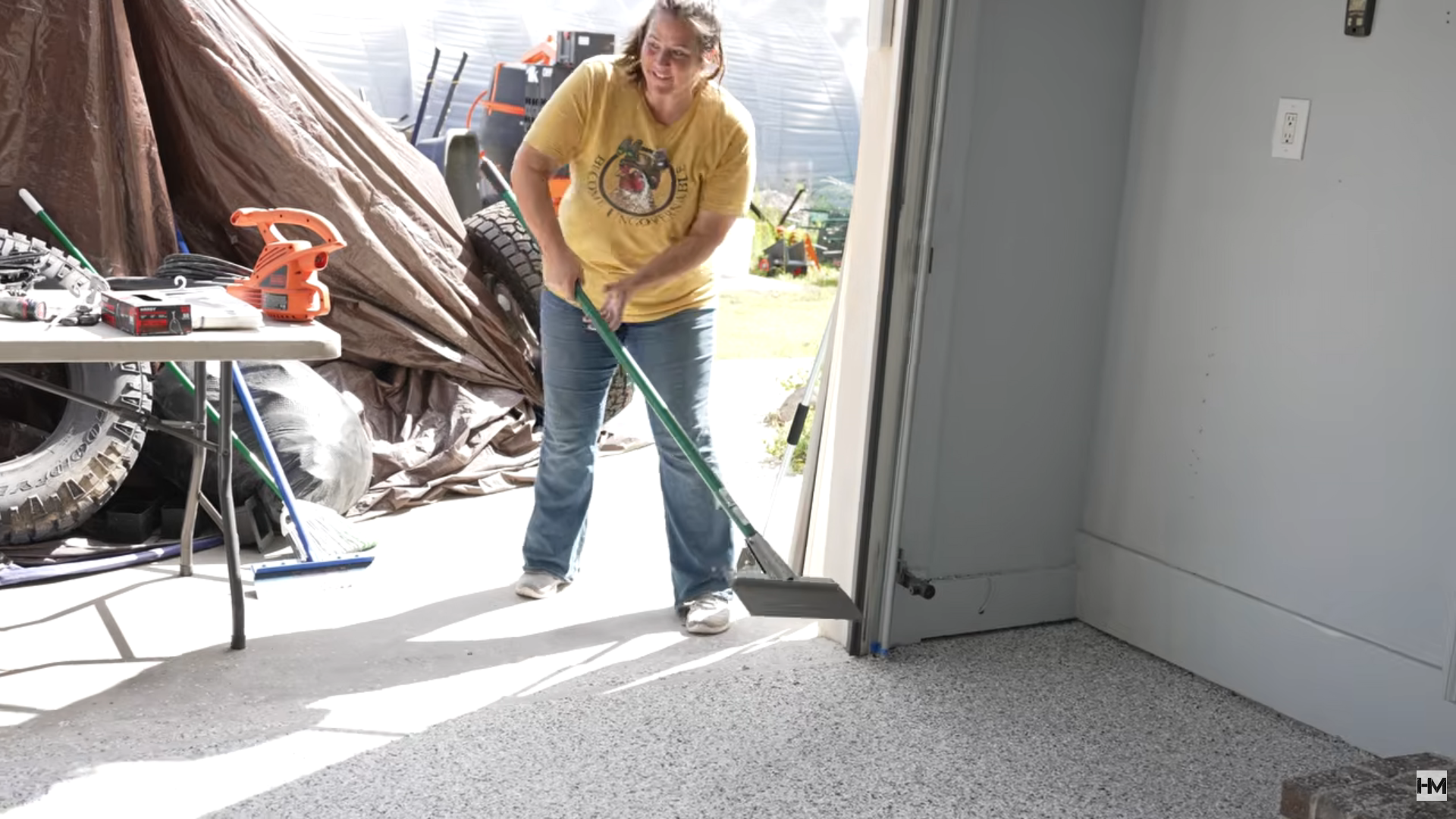 Sweeping Excess Flakes from the Garage Floor