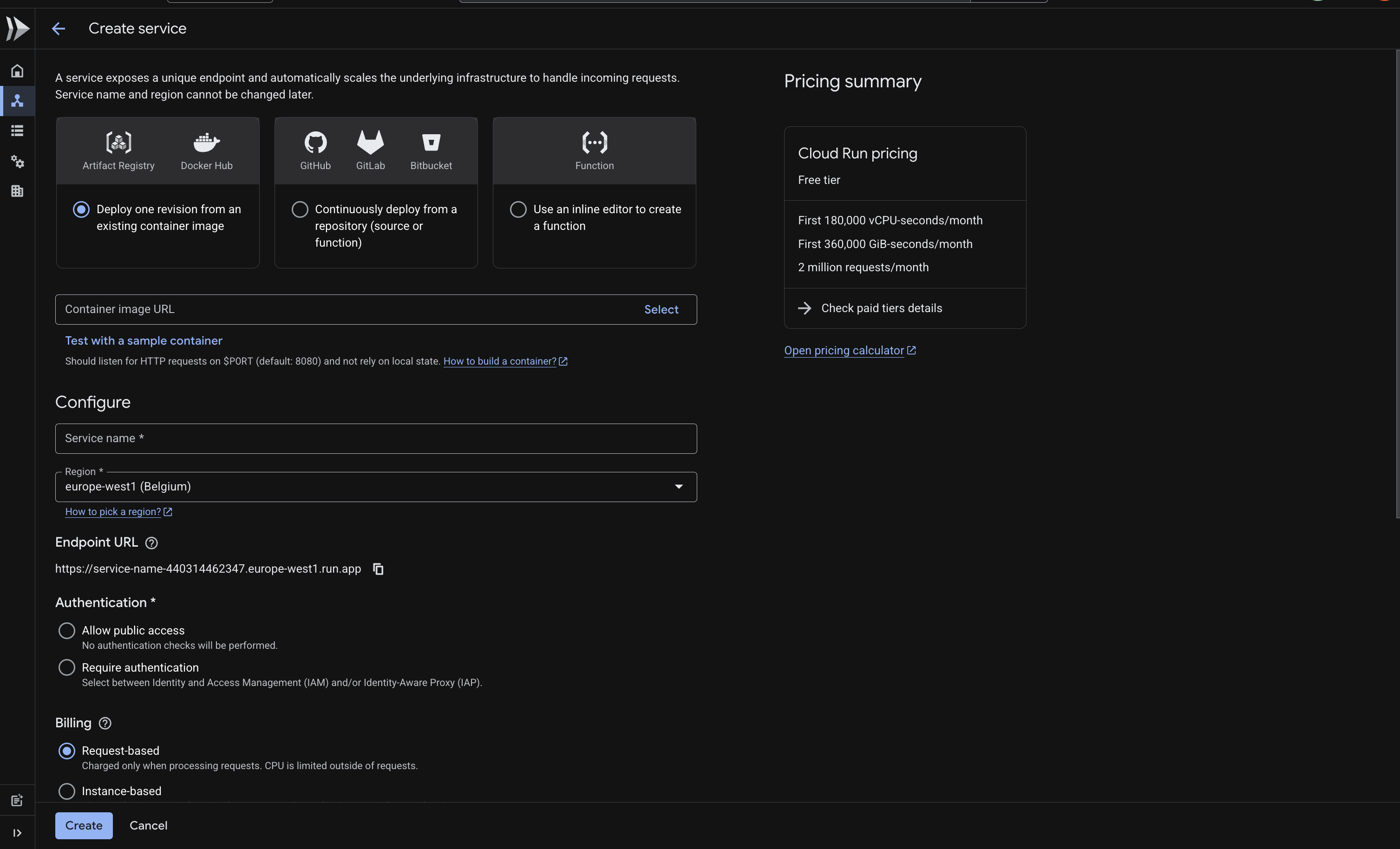 Create Service Page Configuration