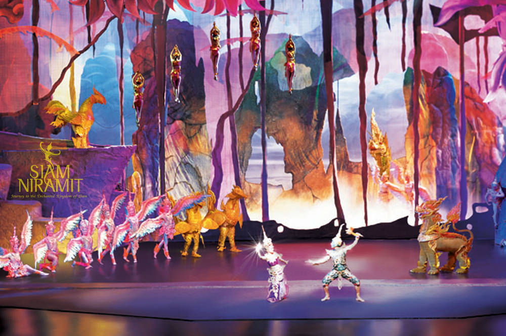 Colorful and vibrant stage setting design in Siam Niramit Bangkok Show