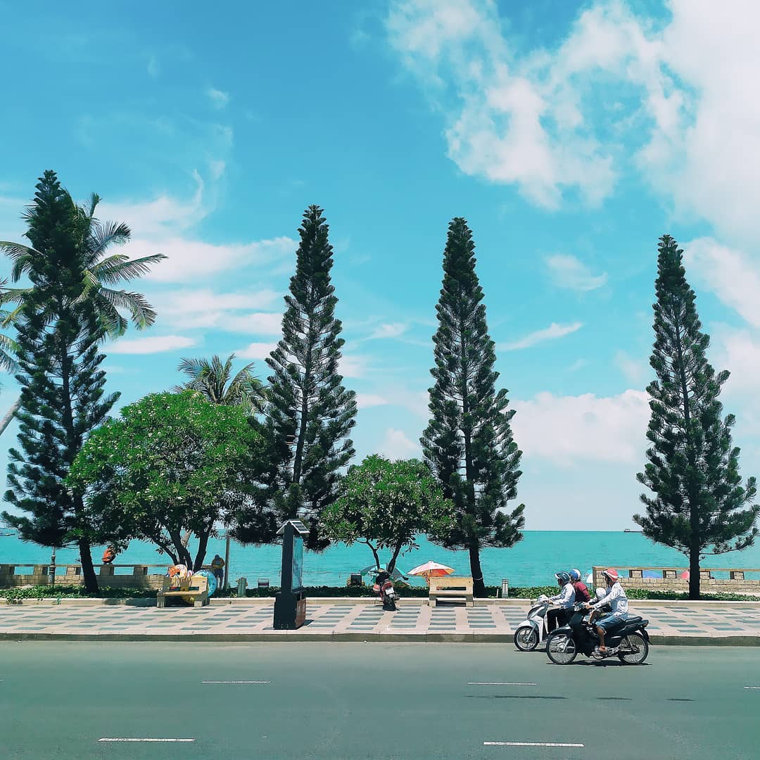 Scooters moving on the road by the beach