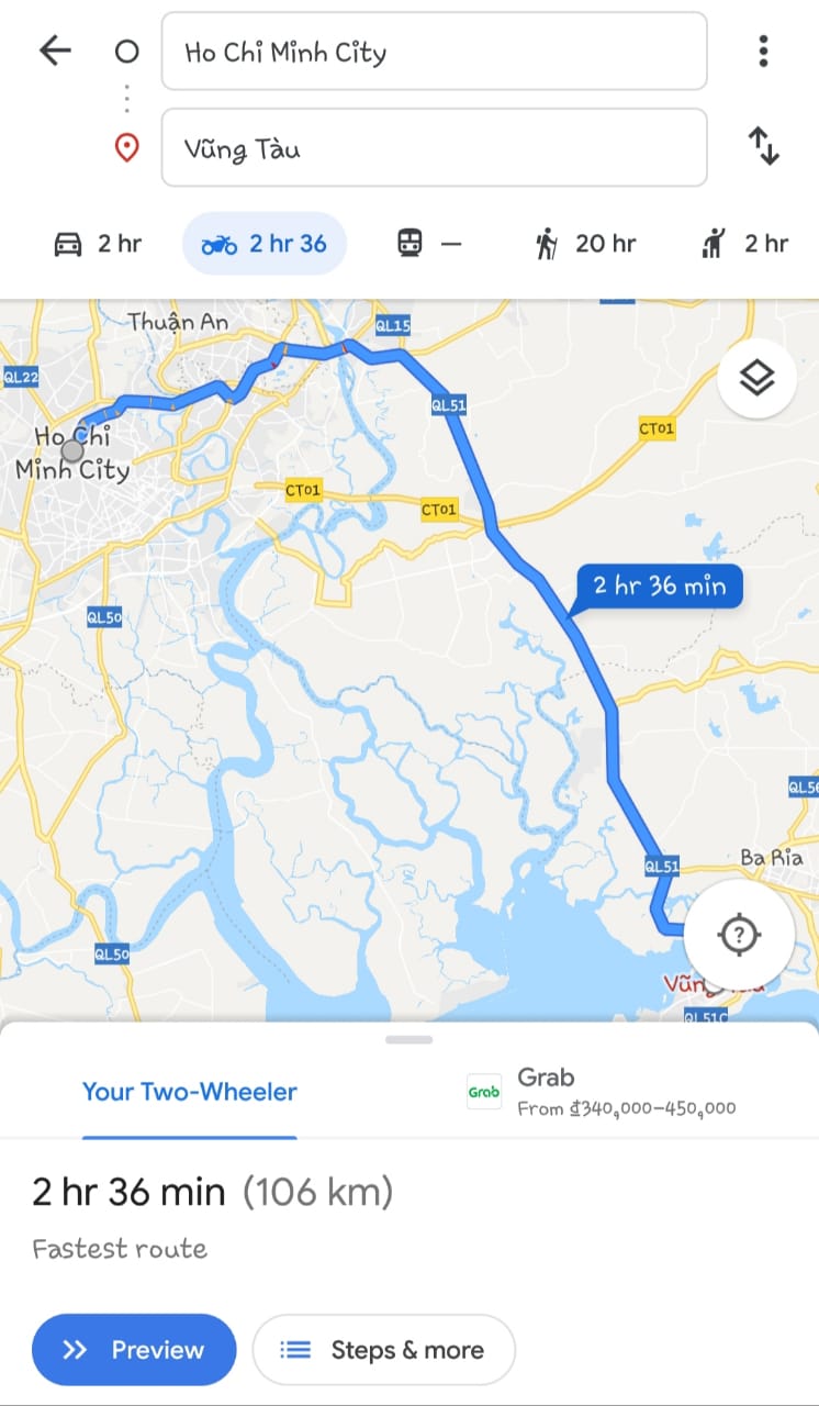 Motorbike route from Ho Chi Minh City to Vung Tau