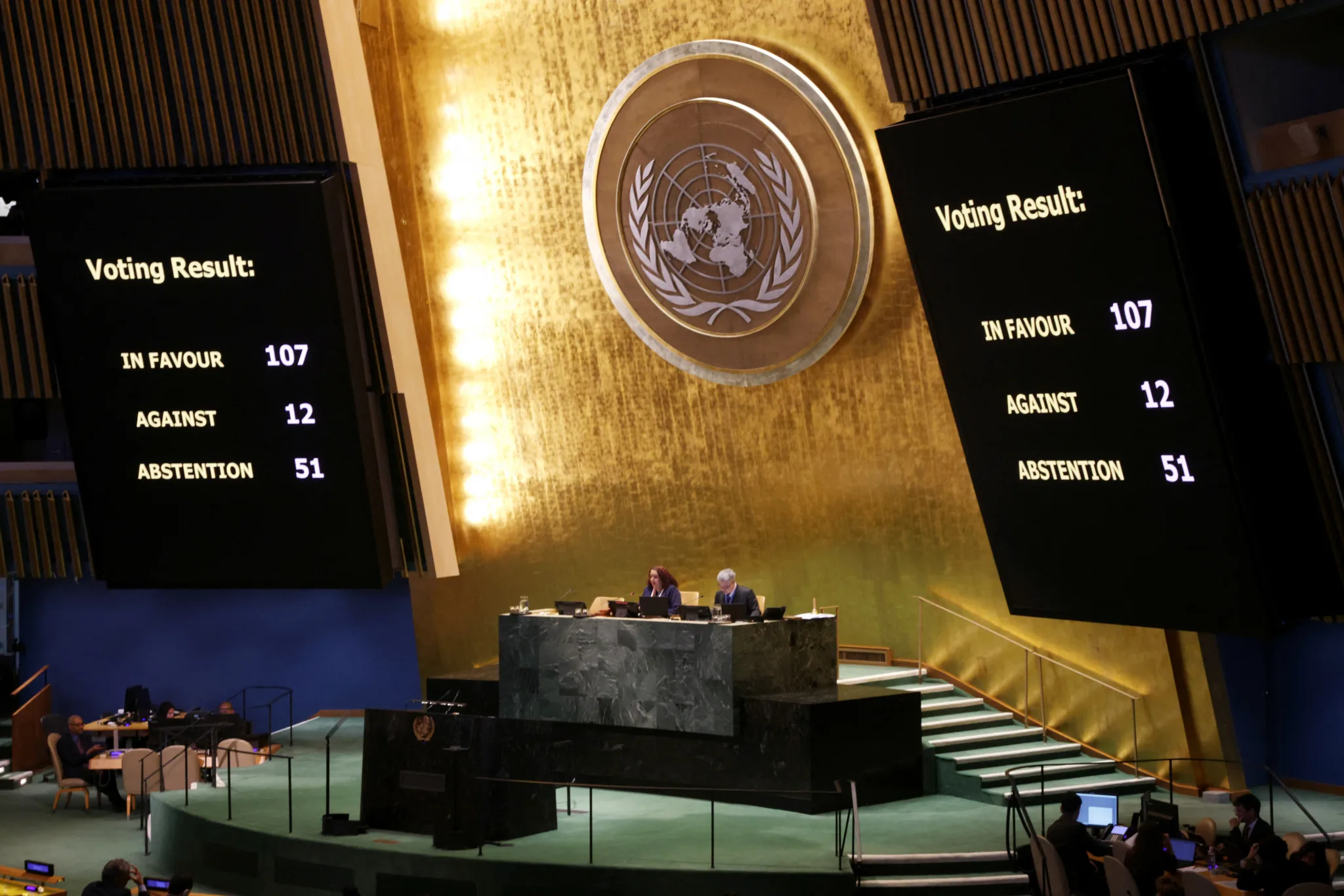 Tela de votação da Assembleia Geral das Nações Unidas, na sede da ONU em Nova York. | Crédito: Leonardo Munoz / AFP