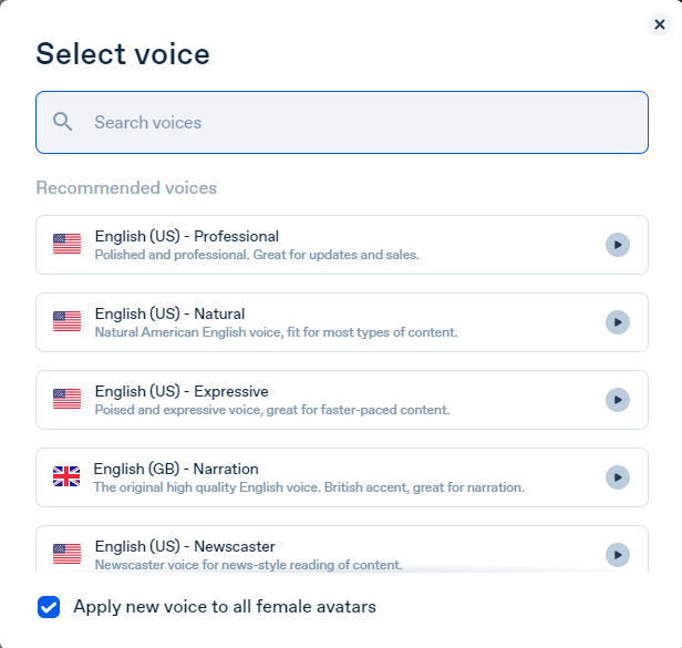 Select synthetic voice in Synthesia AI.