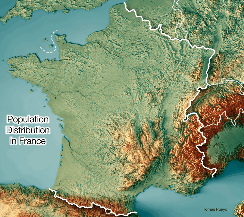 Look at the population. Can you see dark red lines? Those are people living close to rivers. You can guess where the rivers are by looking at the map. Also, you can see the bigger cities are always at the confluence between rivers.