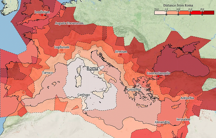 This map shows the distance from Rome in terms of days of travel. The size of the Roman Empire was about five weeks of travel. This is not a coincidence. Source: Orbis, the Stanford Geospatial Network Model of the Roman World