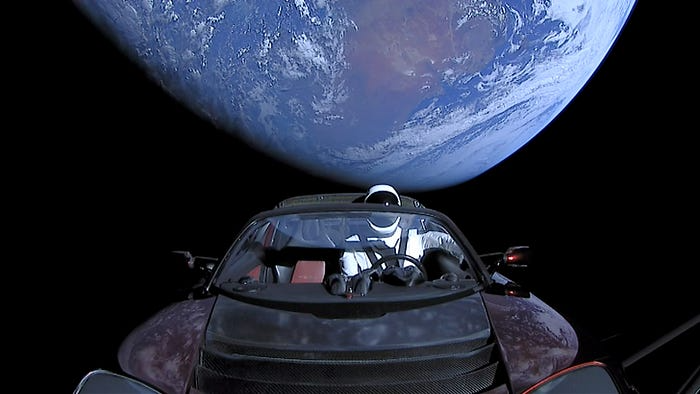 Starman, the roadster, and the Earth. Source.