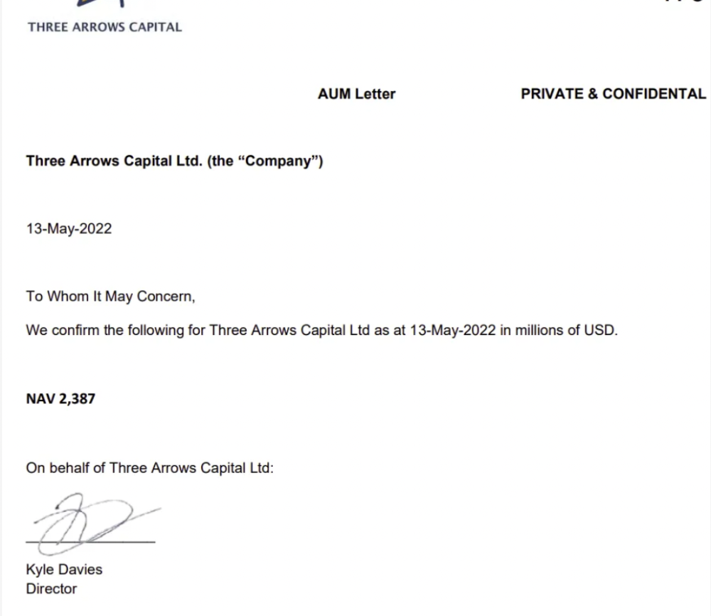 Three Arrows Capital Assets Under Management letter, Net Assets Value