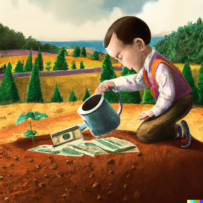 a little boy planting a dollar bill in the ground and pouring a watering can out on it, digital art [DALL-E]