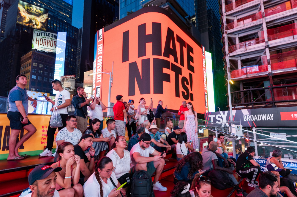 a digital Billboard showed during the 4th annual NFT.NYC conference, a four-day event that featured 1,500 speakers from the crypto and NFT space and hosted 14,000 attendees | Getty Images, Noam Galai / Contributor June 20th, 2022 in New York City Times Square