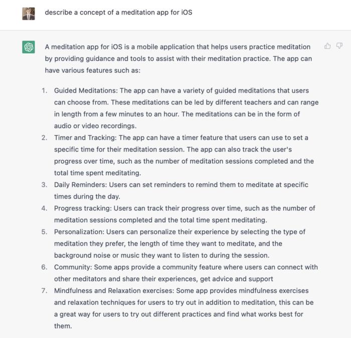 Asking ChatGPT to describe a concept of a mediation app.