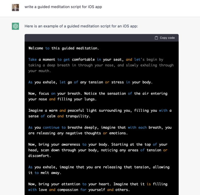 Asking ChatGPT to write a meditation script.