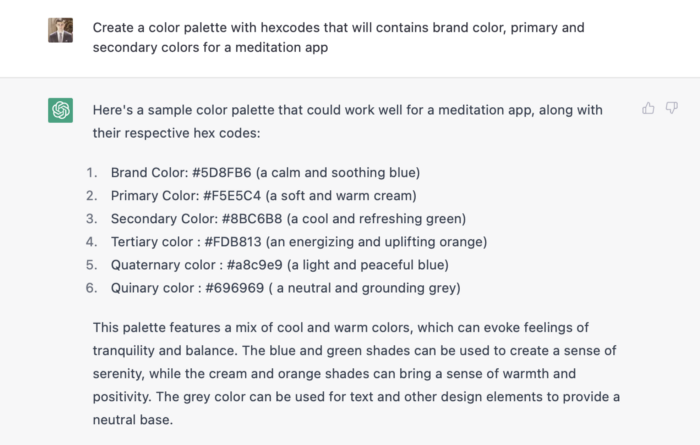 Asking ChatGPT to provide a color palette with hex colors that will contain brand color, as well as primary and secondary colors.