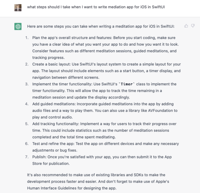 Asking ChatGPT about instructions for building SwiftUI app.