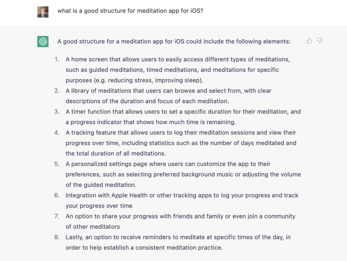 Asking ChatGPT, “what is a good structure for a mediation app for iOS?”