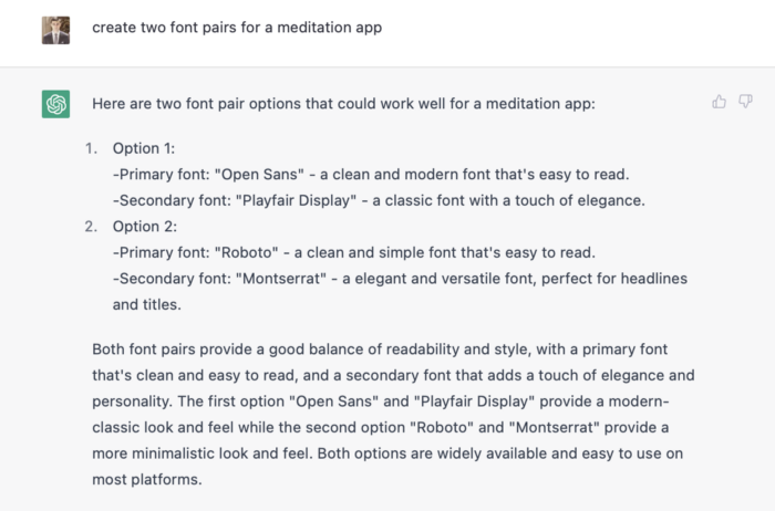 Ask ChatGPT to provide two font pairs for a meditation app.