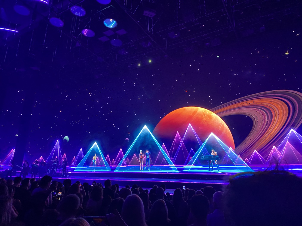 the ABBA holograms onstage, performing