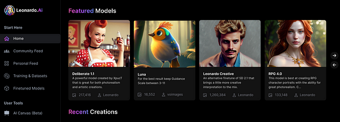 screen cap from Leonardo.ai website app