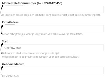 Een printscreen van een formulier op de jobsite van YOUCA vzw waarom te zien is dat de beschrijving die onder een invulveld staat beter boven het invulveld moet staat opdat de jongeren deze zouden zien.