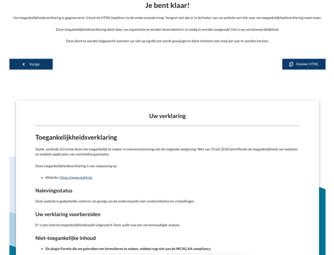 Dit is het eerste deel van het resultaat dat je krijgt na het invullen van een toegankelijkheidsverklaring via de FOD BOSA Invulassistent.