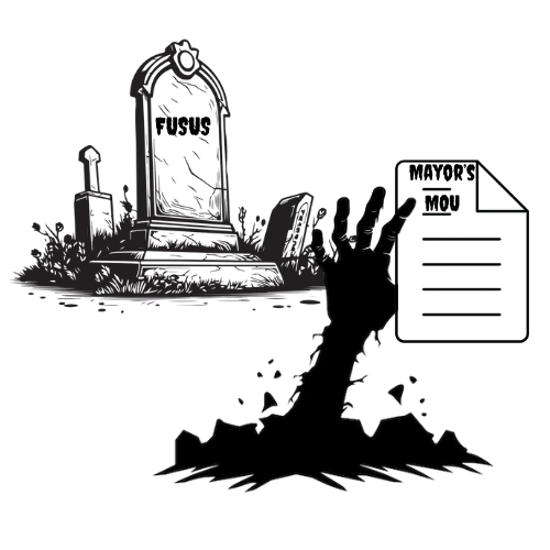 FUSUS gravestone with zombie hand reaching for Mayor's MOU document