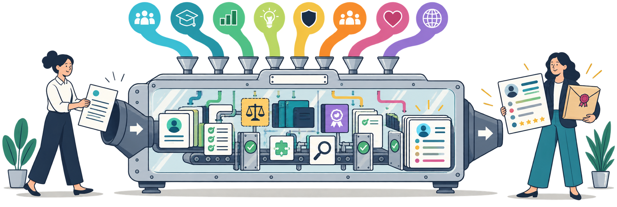 A customer job description enters a transparent evidence machine; company, skills, standards and governance signals feed into it; a recruiter receives a structured candidate dashboard and sealed evidence packet.