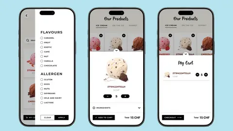 Guests can filter and select ice cream, adjust quantities, and see the total update in real time.