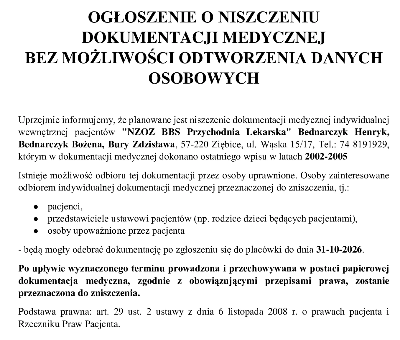 Ziębice. Dokumentacja medyczna z lat 2002–2005 zostanie zniszczona. Można ją jeszcze odebrać