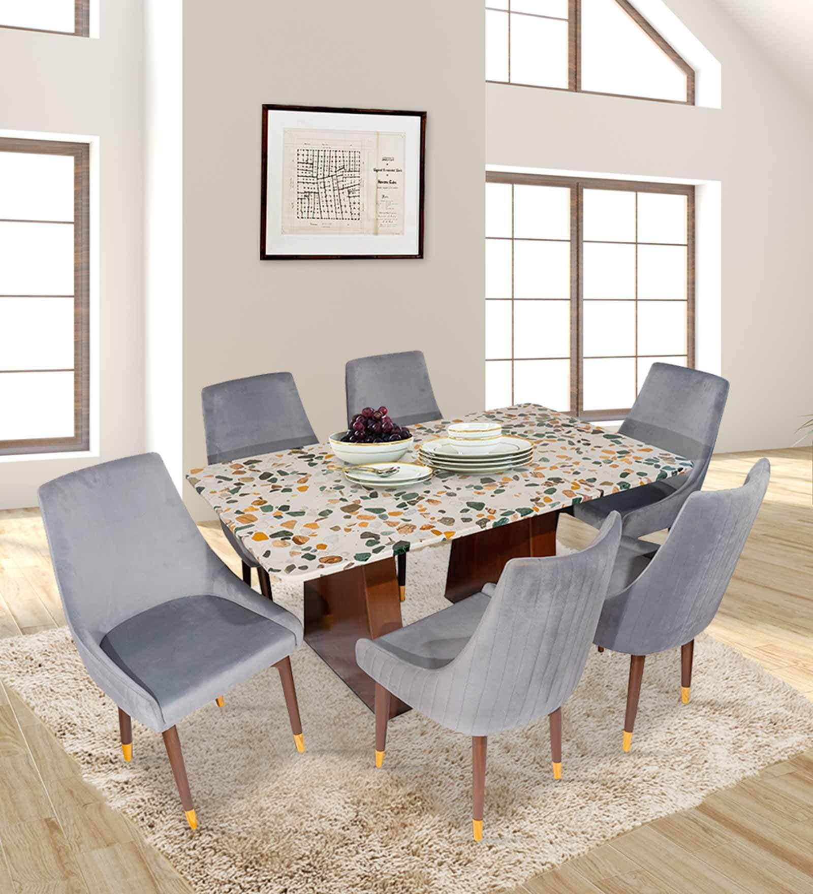 Crafted Marbles Pyramid Marble Top 6 Seater Dining Set in Multi Colour