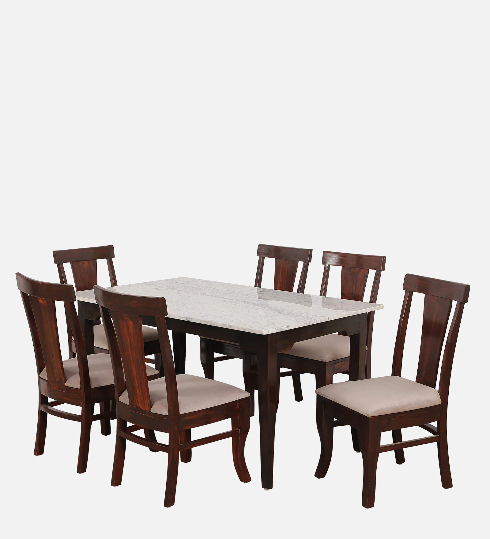 Crafted Marbles Plinto Marble Top 6 Seater Dining Set in Teak Wood Finish