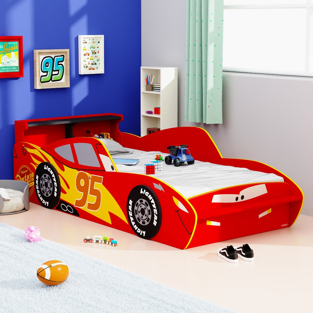 Boingg Lightning McQueen Engineered Wood Car Single Bed for Kids in Red Colour with Storage