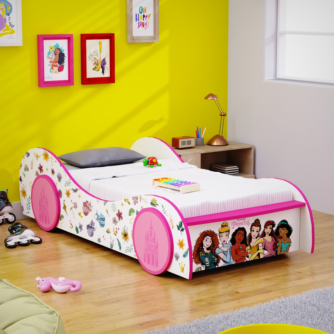 Boingg Snowflake Princess Engineered Wood Car Single Bed for Kids in Pink Colour