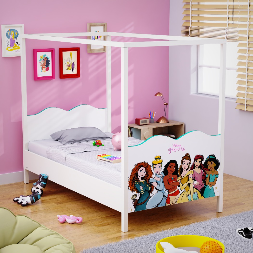 Boingg Dreamcatcher Disney Princess Engineered Wood Single Bed for Kids in White & Green Colour