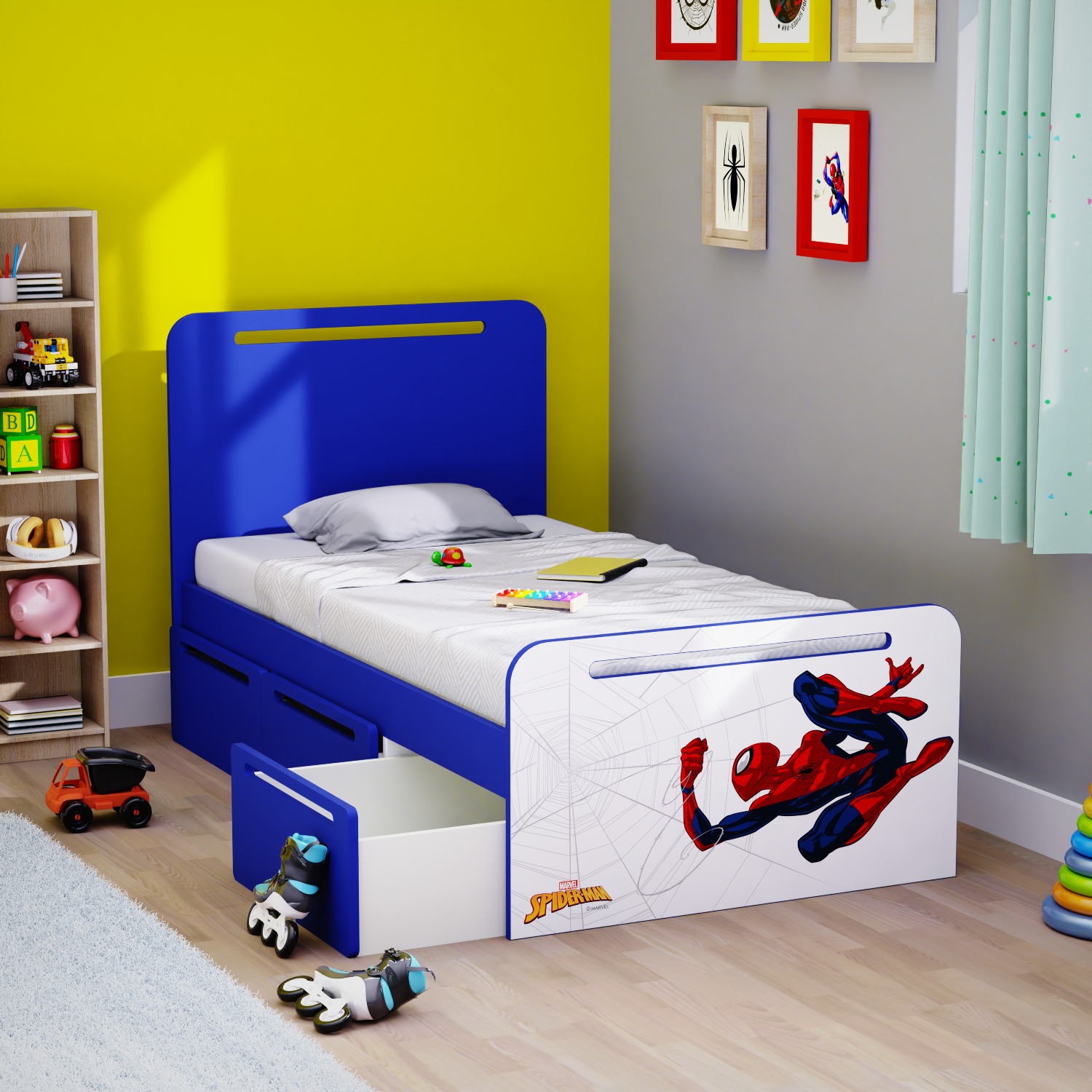 Boingg Simply Perfect Spiderman Engineered Wood Single Bed for Kids in Blue & White Colour with Drawer Storage