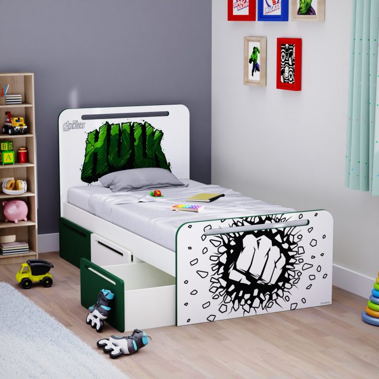 Boingg Simply Perfect Hulk Engineered Wood Single Bed for Kids in Green & White Colour With Drawer Storage