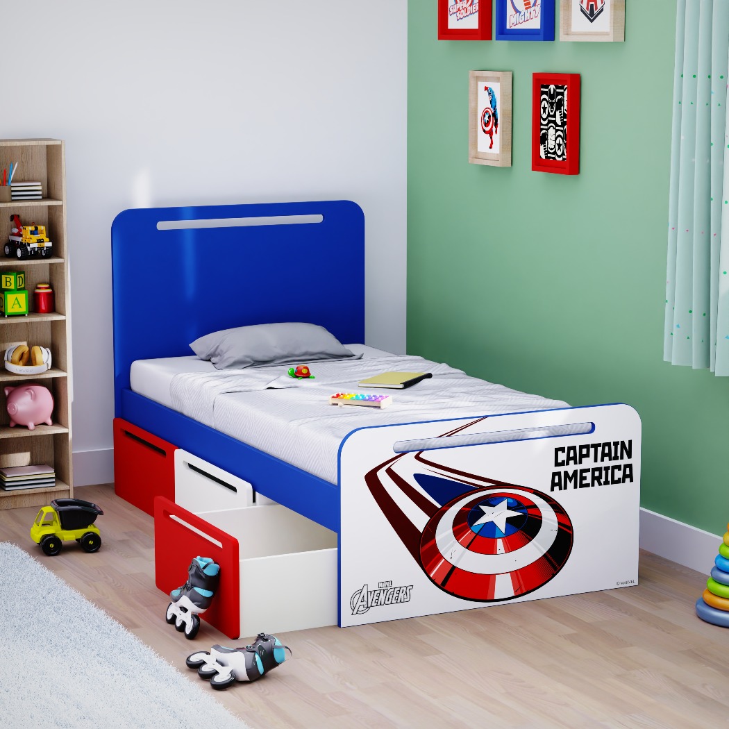Boingg Simply Perfect Captain America Engineered Wood Single Bed for Kids in Multi Colour with Drawer Storage