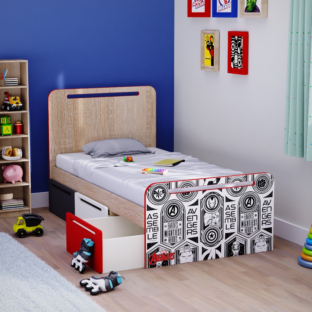 Boingg Simply Perfect Avengers Engineered Wood Single Bed for Kids in Multi Colour with Drawer Storage