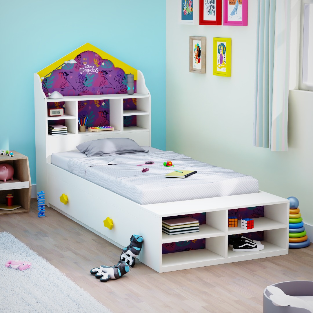 Boingg Royal Princess Engineered Wood Single Bed for Kids in Yellow & White Colour with Open Shelve Storage