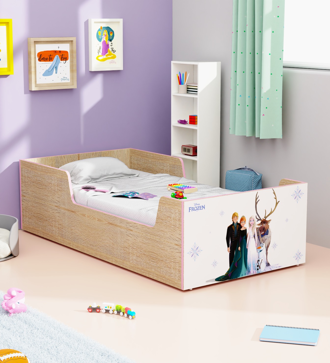 Boingg Dreampod Frozen Engineered Wood Single Bed for Kids in Oak & White Colour with Box Storage
