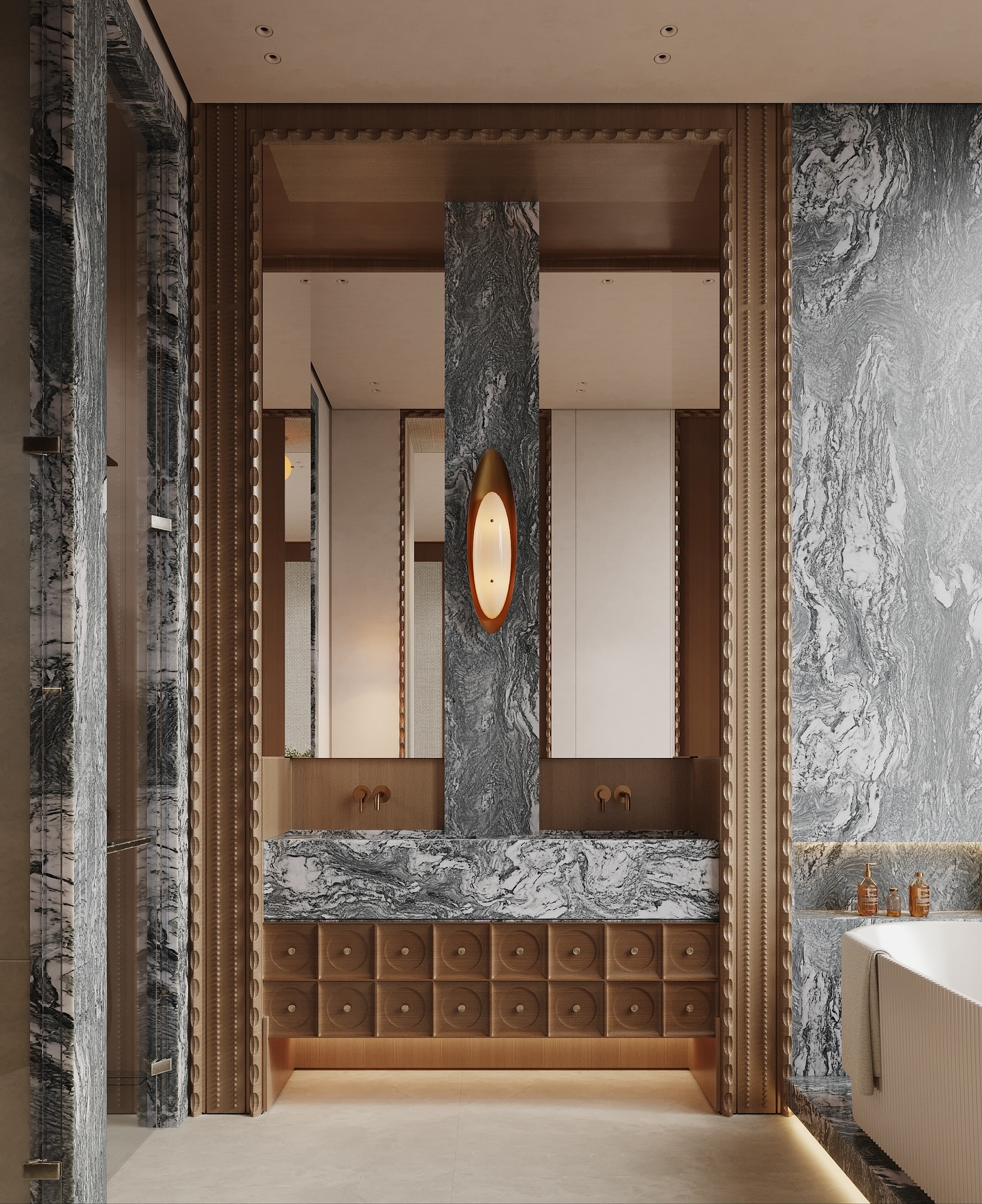 Luxus-Badezimmer: Eleganz in Marmor und warmem Holz