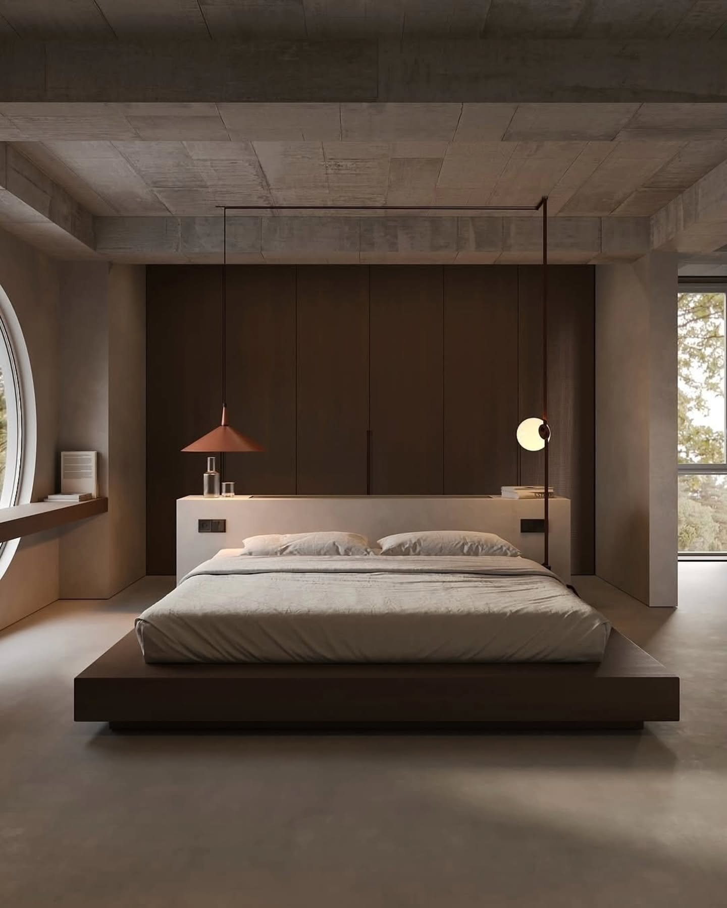 Modernes Schlafzimmer: Eleganz in Beton, Holz und warmen Farbakzenten
