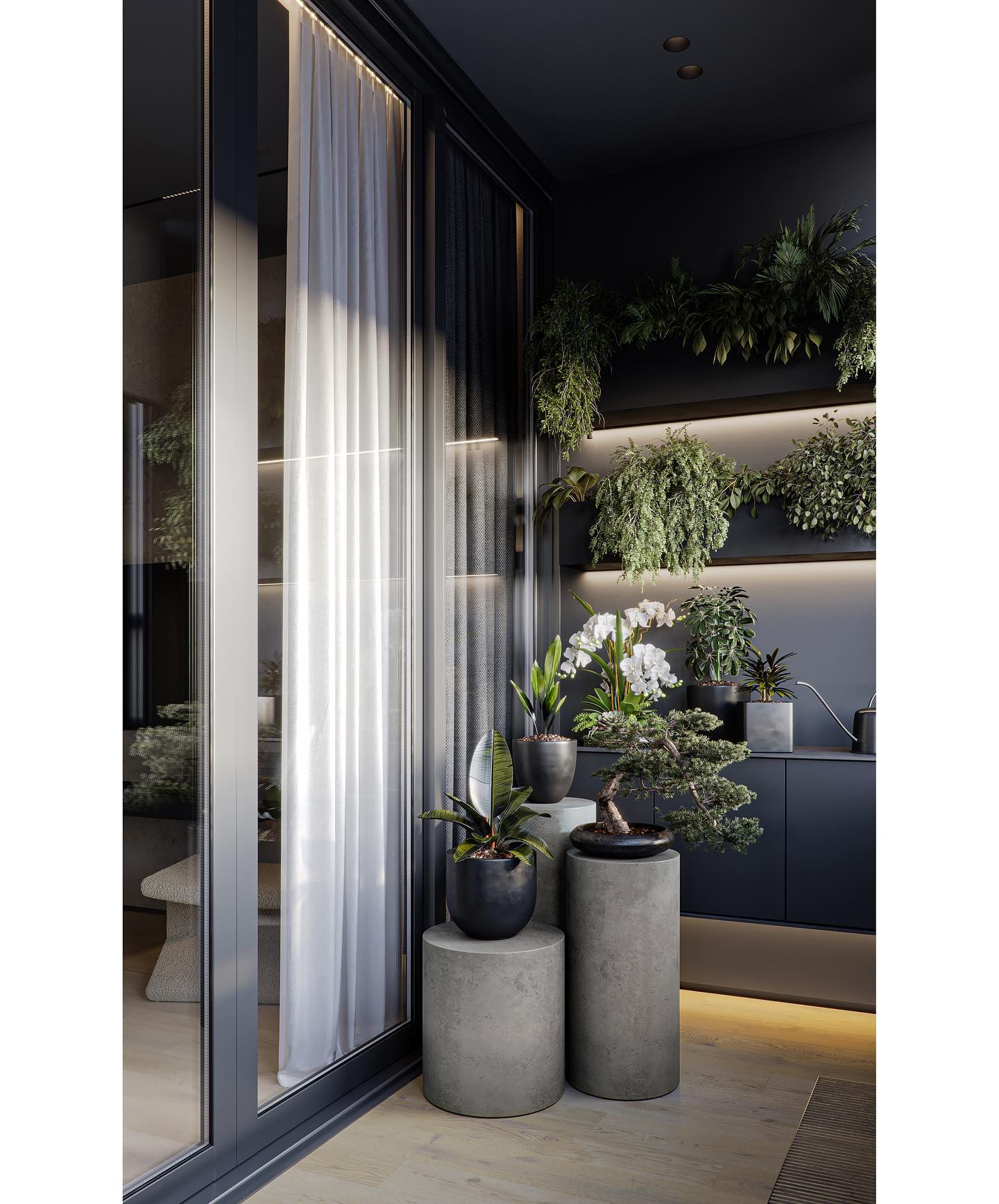 Grünes Urban Retreat: Minimalistischer Balkon mit Pflanzenwand