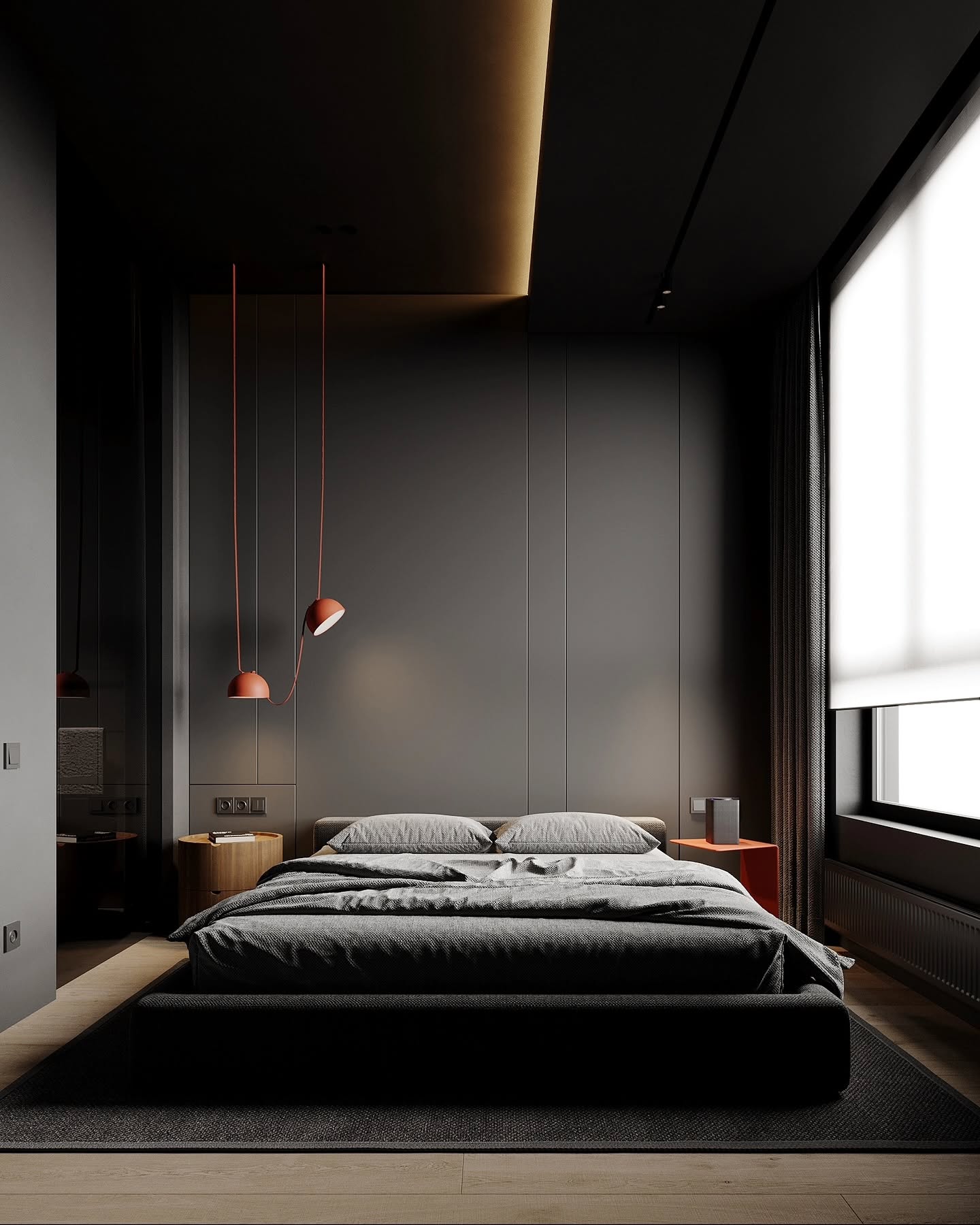 Minimalistische Eleganz: Schlafzimmer-Design in Dunkelgrau und Terracotta