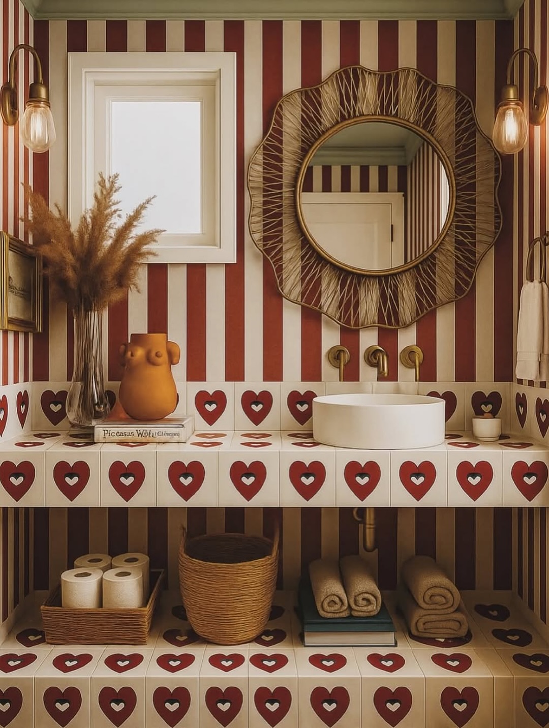 Charmantes Badezimmer im Retro-Look: Herz-Motive und Streifen-Tapete