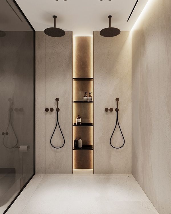 Modernes Badezimmer-Refugium: Eleganz in Beige und Dunkelbronze