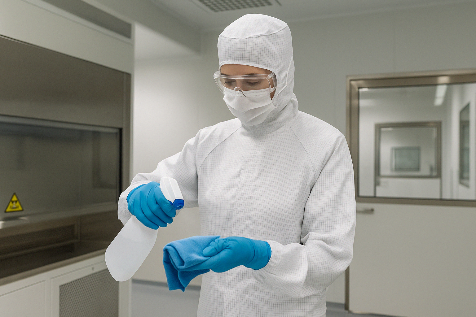 Un addetto alle pulizie in tuta protettiva sta spruzzando un detergente su un panno blu.