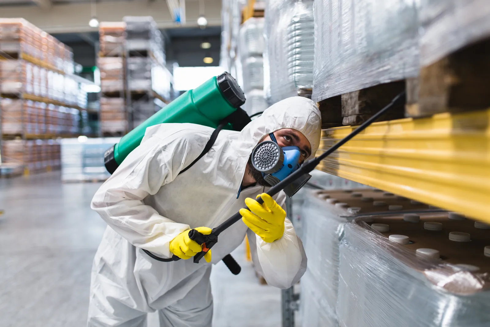 Persona che disinfetta un magazzino con indumenti protettivi.