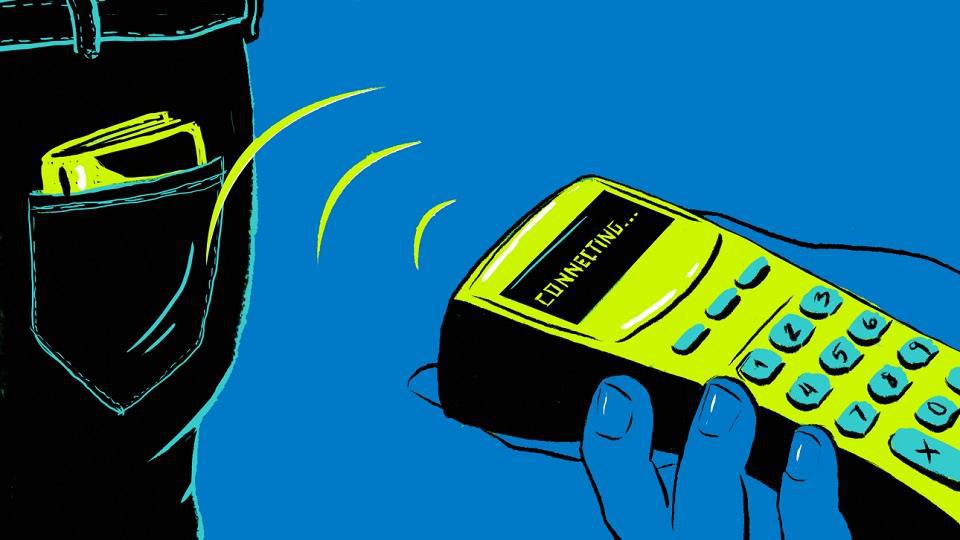 Un cellulare vintage in mano sta "Connettendo..." mentre un altro cellulare spunta da una tasca.